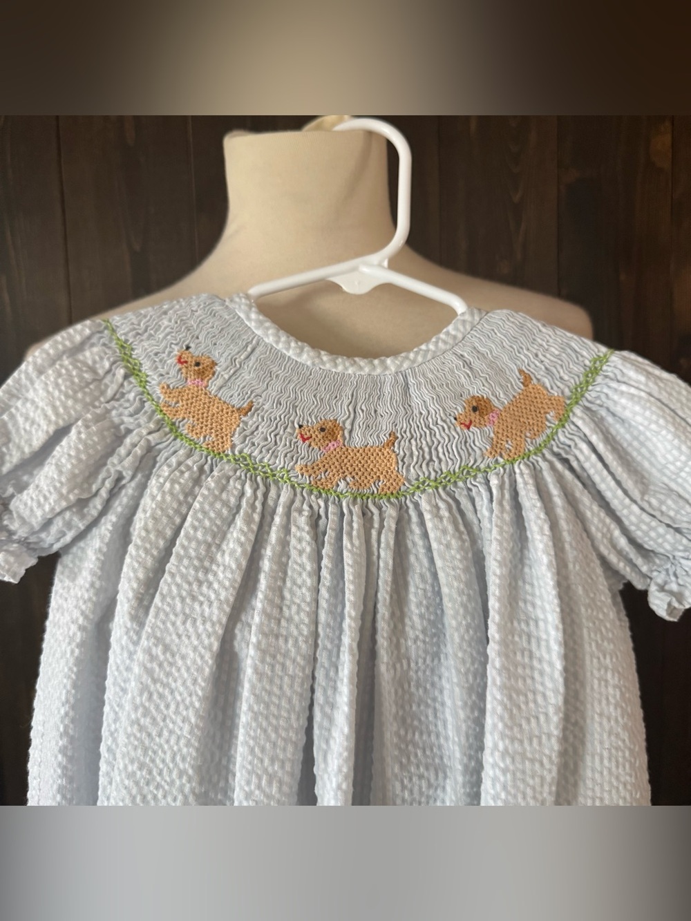 Stitchy Fish Puppy Dog Smocked Bubble Romper 18 Months Blue Gingham